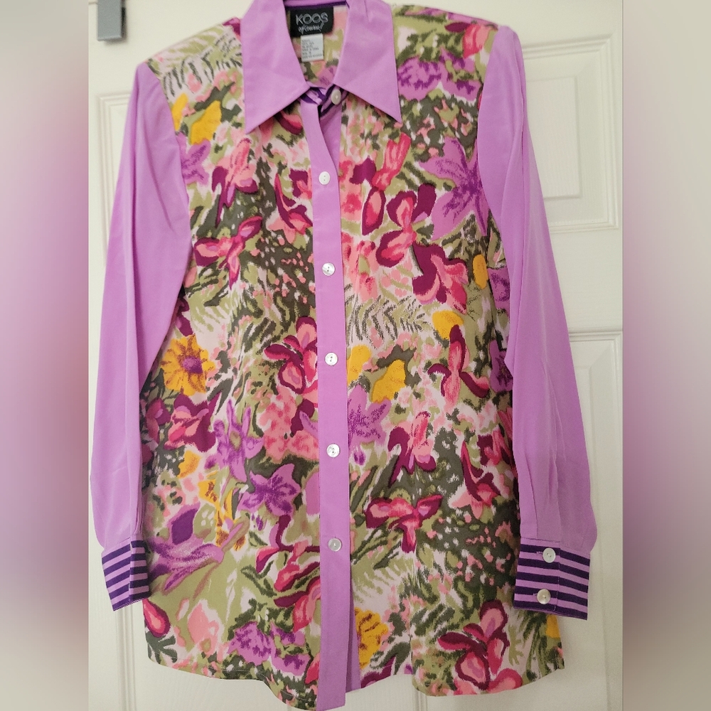 KOOS of Course 100% Silk Long Sleeve Buttondown Floral Blouse Size S
